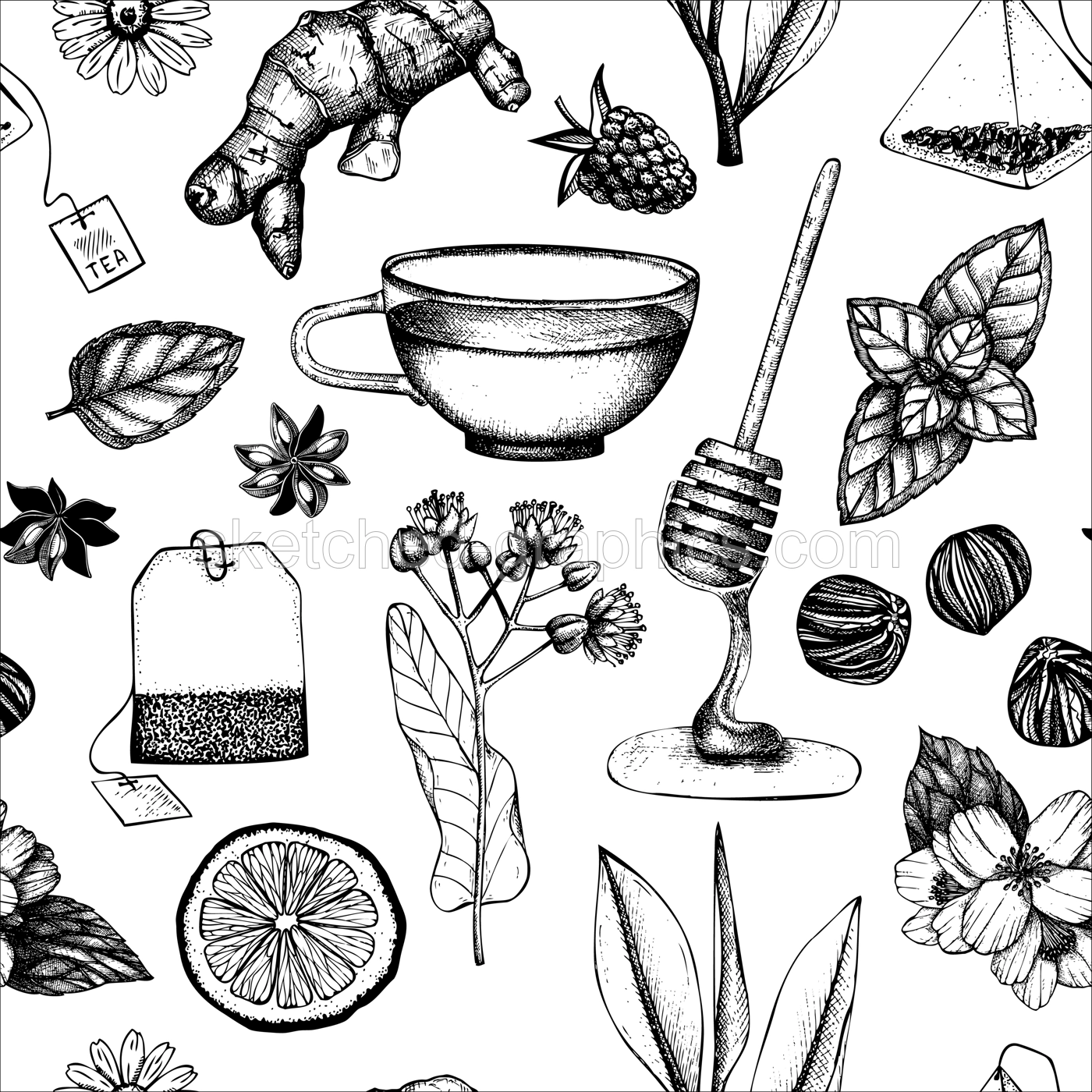 Tea seamless pattern. Herbal tea ingredient background. Herb, spice, fruit, berry sketches. Hand-drawn vector illustration. NOT AI generated Illustration